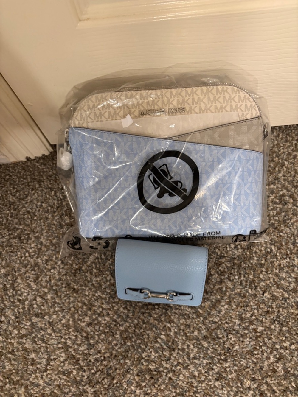 Michael Kors Beige and Light Blue Signature Crossbody Bag